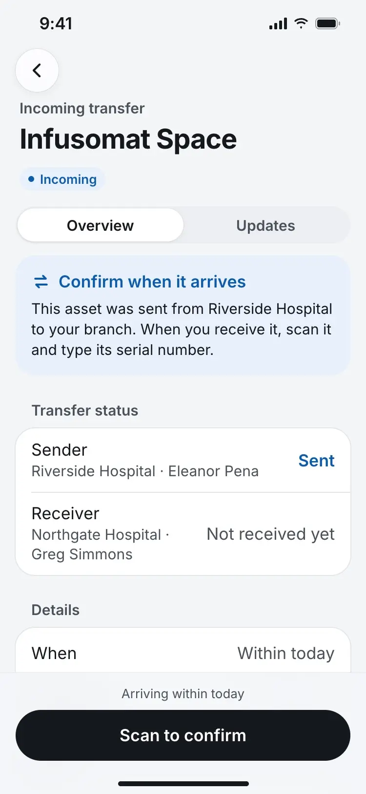 Incoming transfer screen for an Infusomat Space, sender marked Sent, receiver Not received yet.