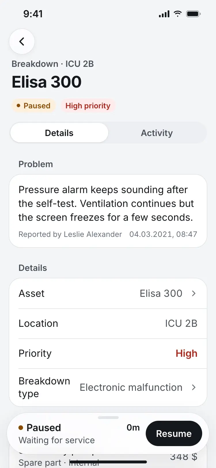 Status bar reading Paused, Waiting for service, with a Resume button.
