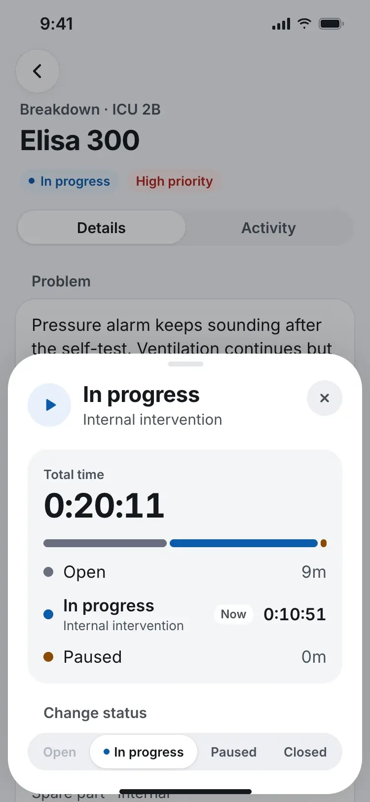 Expanded status bar showing total time and a breakdown across Open, In progress and Paused.