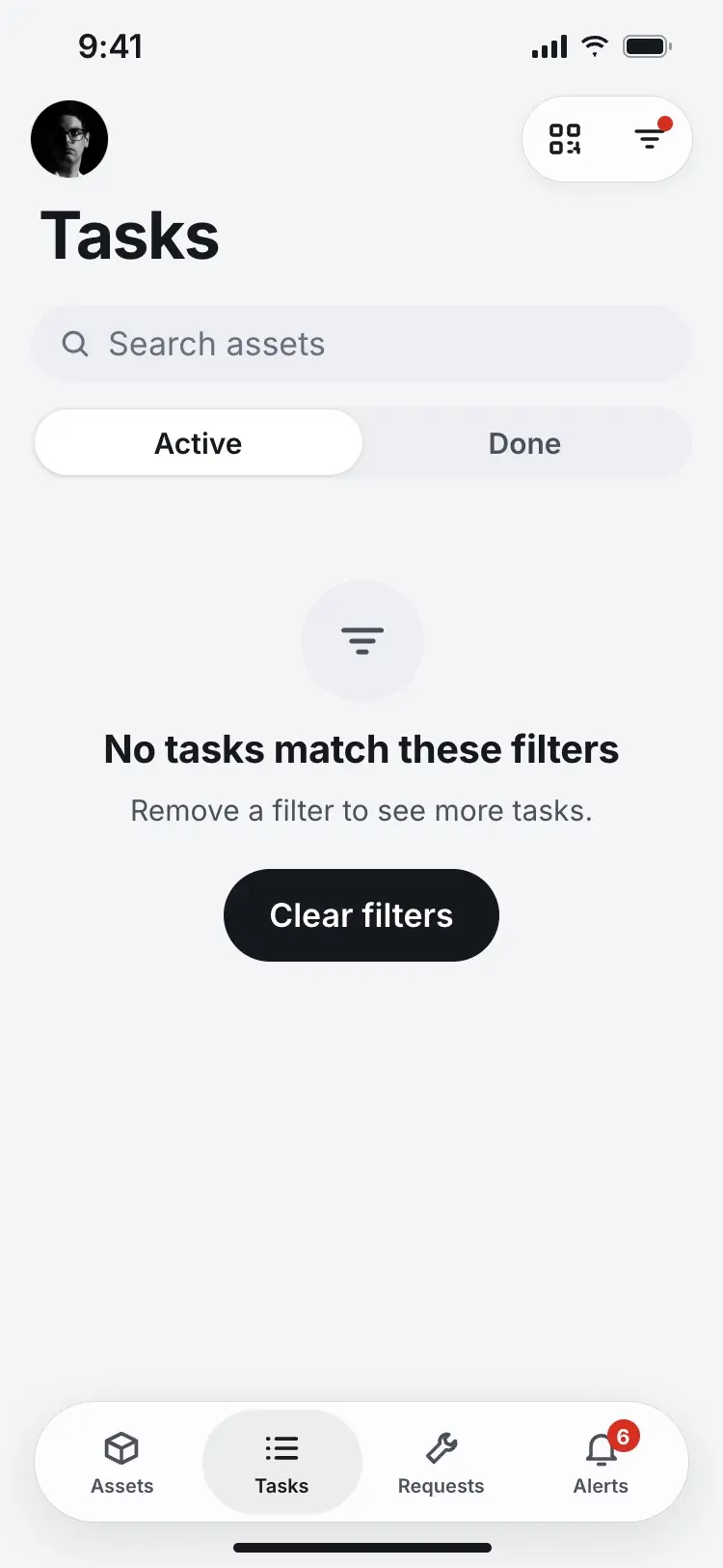 Tasks screen with an empty state reading "No tasks match these filters" and a Clear filters button.