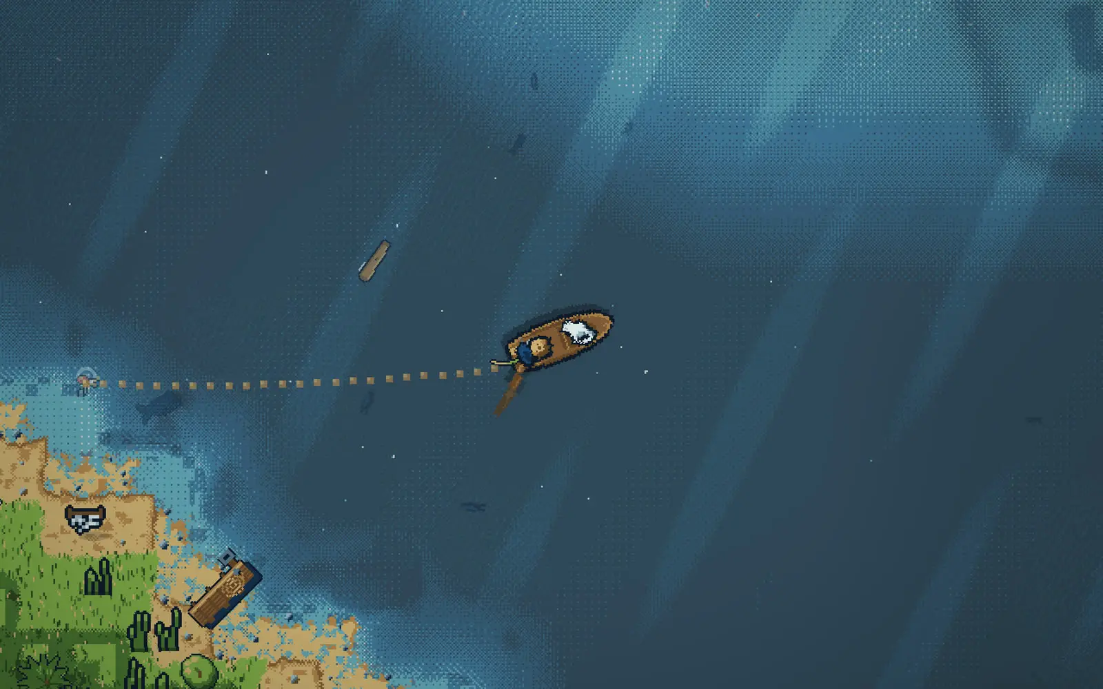 The boat out on open water, a cast line running back toward the shore at the lower left, dark shapes of fish under the surface.