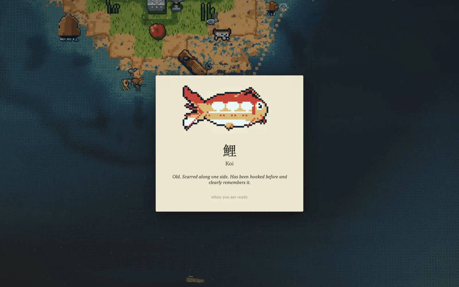 A catch card over the lake. A scarred red koi drawn in pixel art, its name in Japanese and English, and a line saying it has been hooked before.