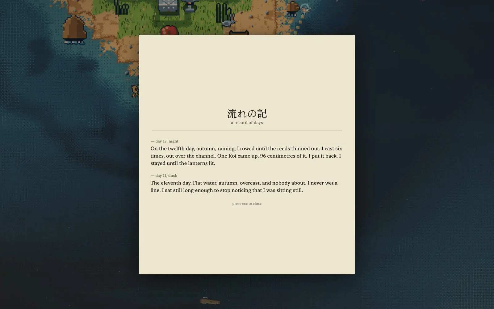 The journal open over the lake, titled a record of days, with two dated entries written from what happened.