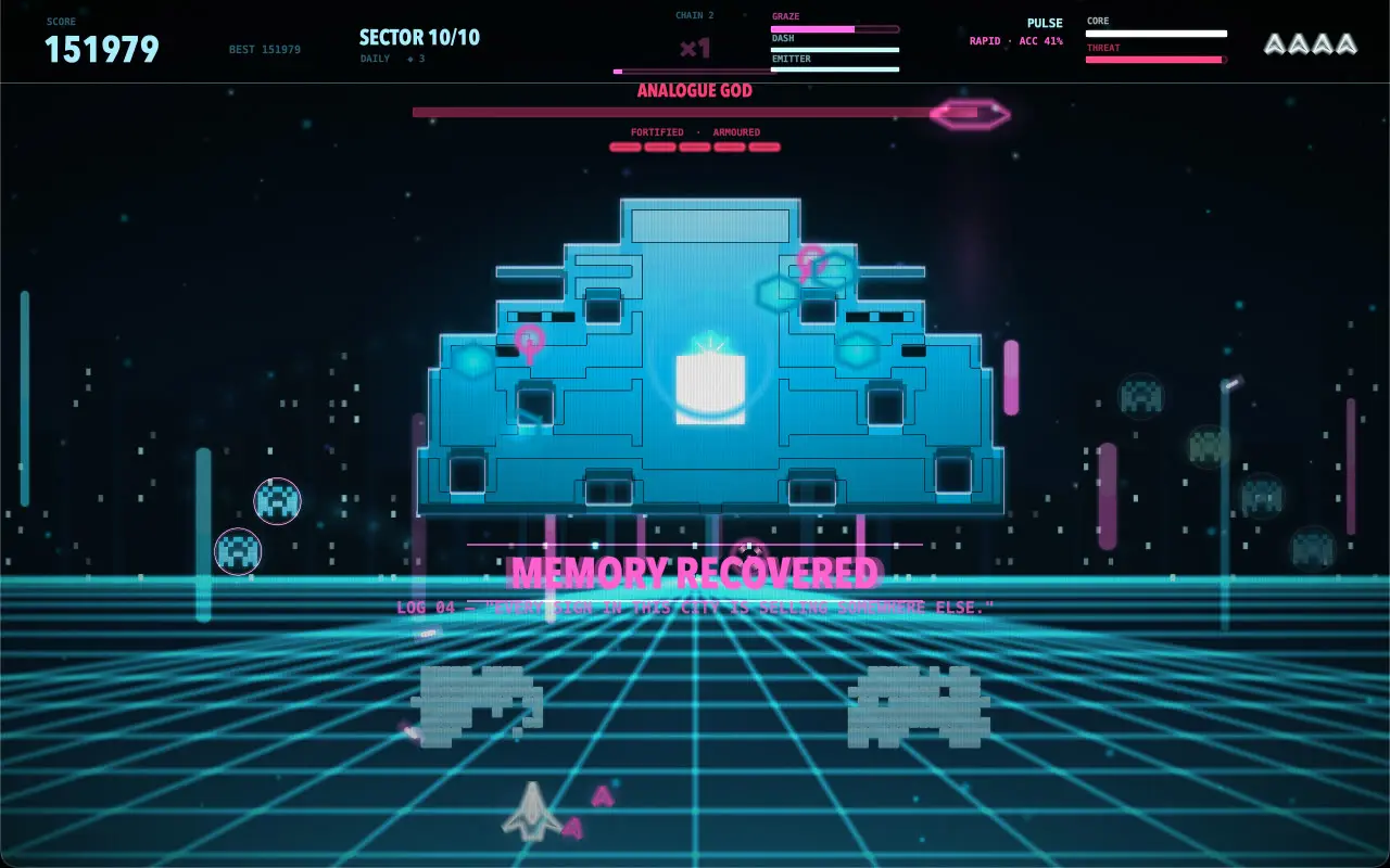 A boss called Analogue God fills the top of the screen, tagged fortified and armoured, with a line of recovered log text burning across the grid below it.
