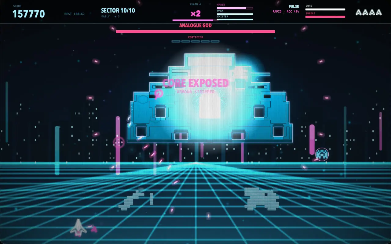 The same boss in a later run with its armour gone. The words core exposed sit across its middle and the shell around the core has gone white.