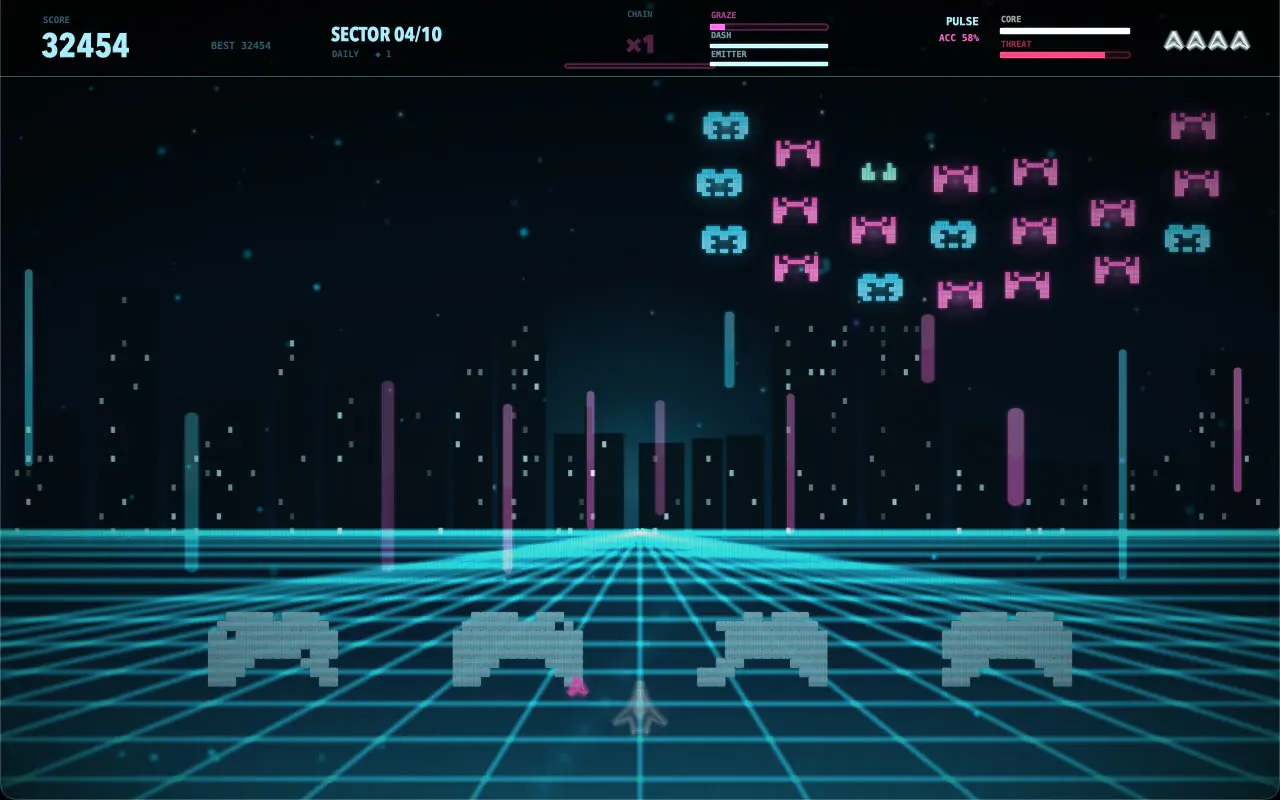 The game in the Neon Tokyo palette. Cyan and magenta, a city skyline behind a grid floor running to the horizon, a formation of twenty enemies above four bunkers and the ship at the bottom.