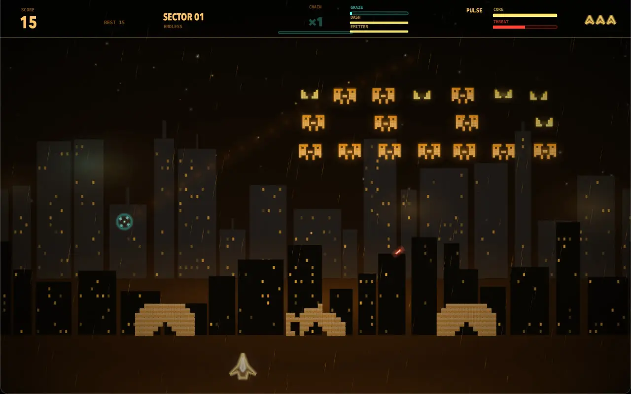 The third palette. Amber and black, rain falling across a city skyline, a formation of orange enemies above three bunkers and the ship alone at the bottom.