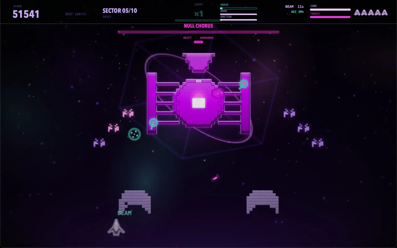 A second boss, Null Chorus, tagged drift and armoured. A magenta fortress sitting inside a wireframe cage with an orbit ring drawn around it, small escorts spread either side.