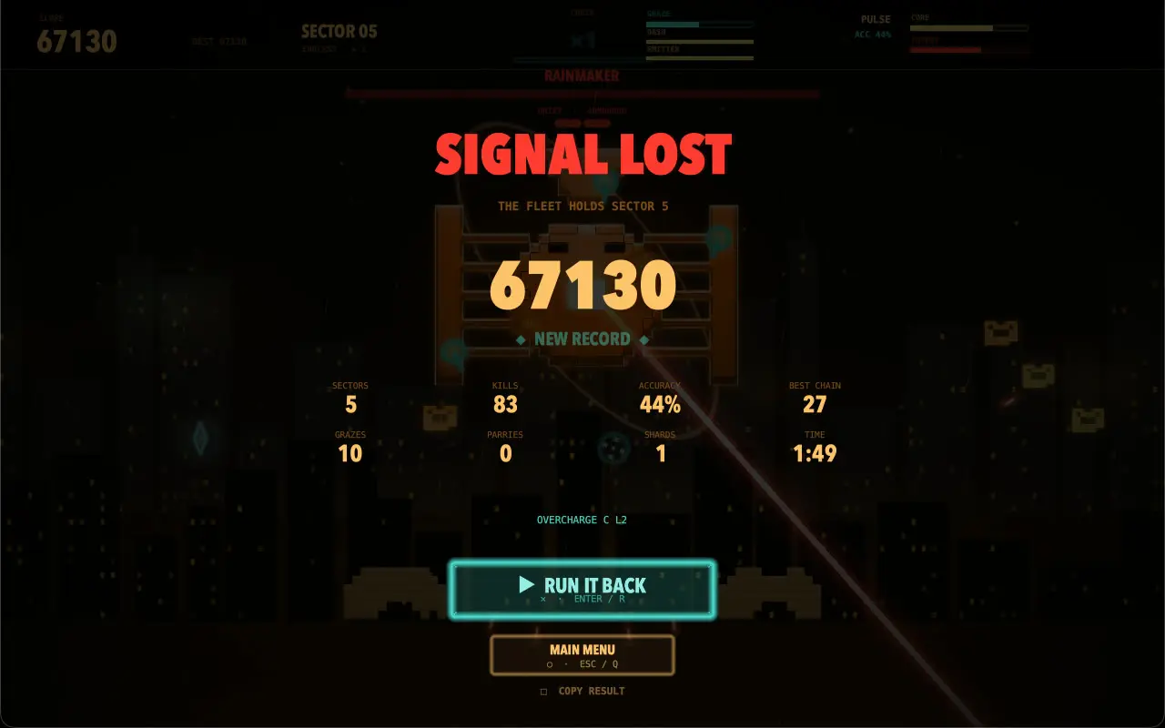 A run that ended early. Signal lost in red over the amber palette, a line saying the fleet holds sector five, and the same row of figures under a smaller score.