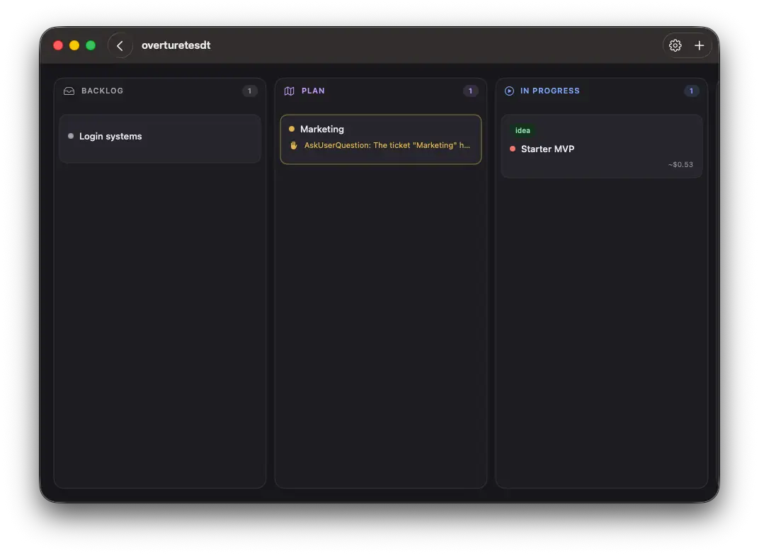 The board in a test project. Three columns, Backlog, Plan and In Progress, each holding one card. The Plan card is outlined and waiting on a question, and the In Progress card is tagged Idea and shows a running cost estimate.
