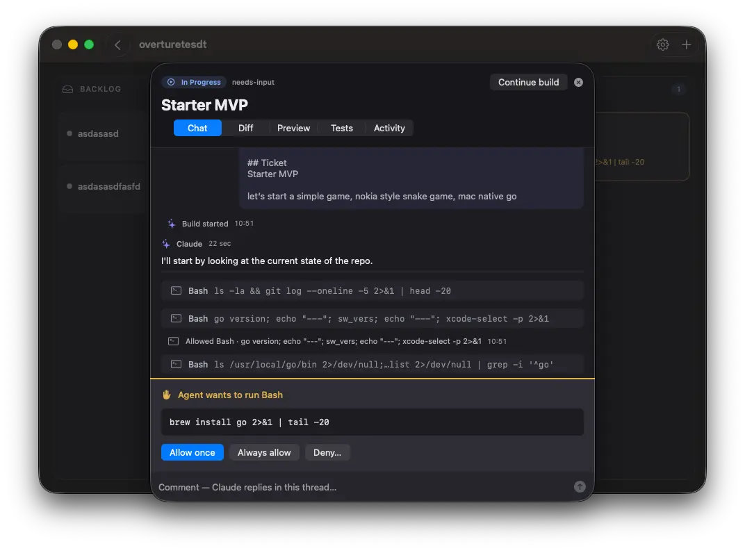 A card open over the board, on its Chat tab. The ticket sits at the top, then the agent's opening line and the shell commands it has run so far. At the foot a highlighted panel says the agent wants to run Bash, prints the exact command, and offers Allow once, Always allow or Deny.