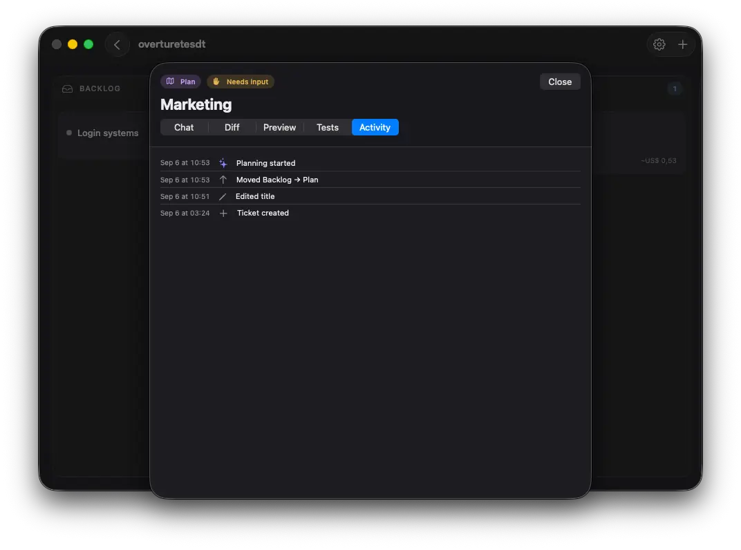 The same card on its Activity tab. Four timestamped rows read newest first: planning started, moved from Backlog to Plan, title edited, ticket created.