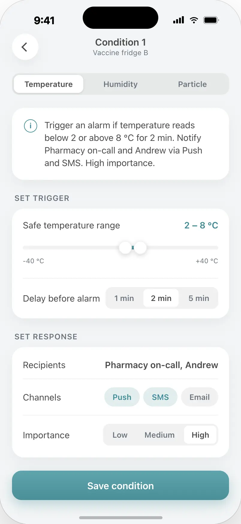 Alarm rule editor with a plain-language summary, safe range slider, delay, recipients, channels and importance