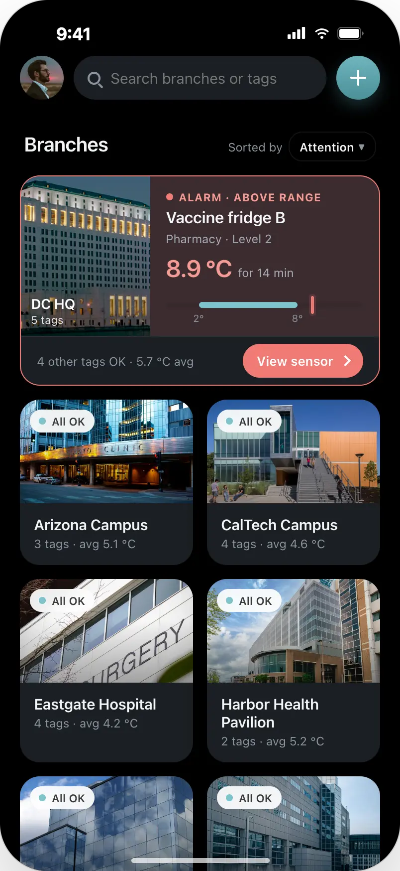 Dashboard in dark mode with the alarm card at the top