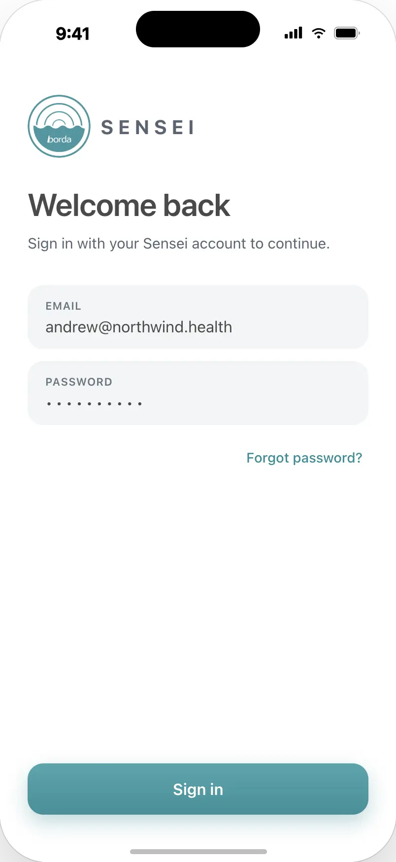 Sensei sign-in screen with the Borda logo, email and password fields