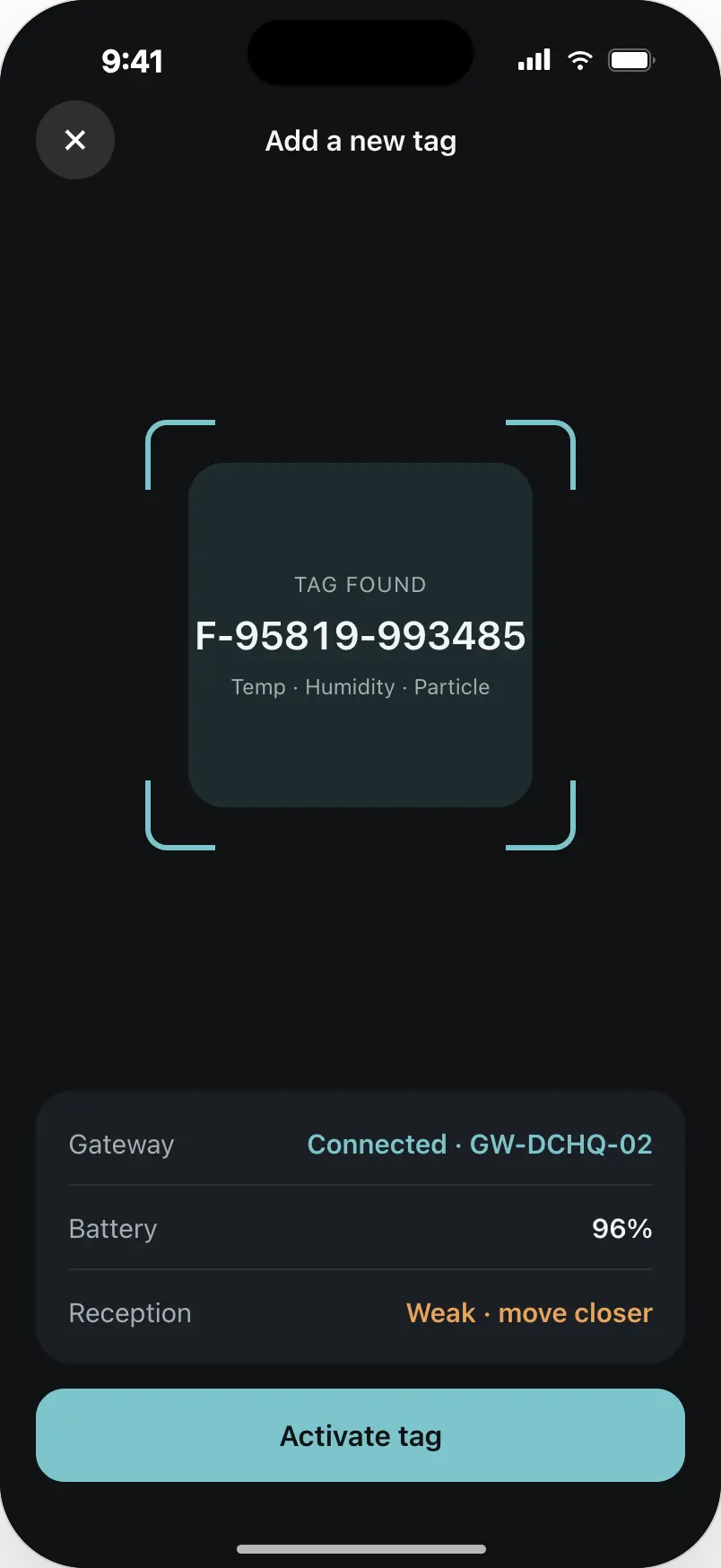Scanner showing tag F-95819-993485 found, with gateway connected, battery 96% and weak reception