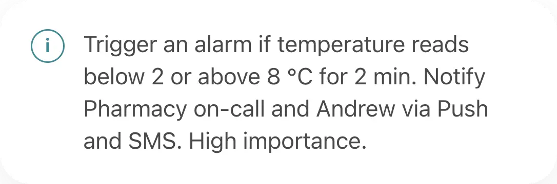 Alarm rule summary written as a sentence