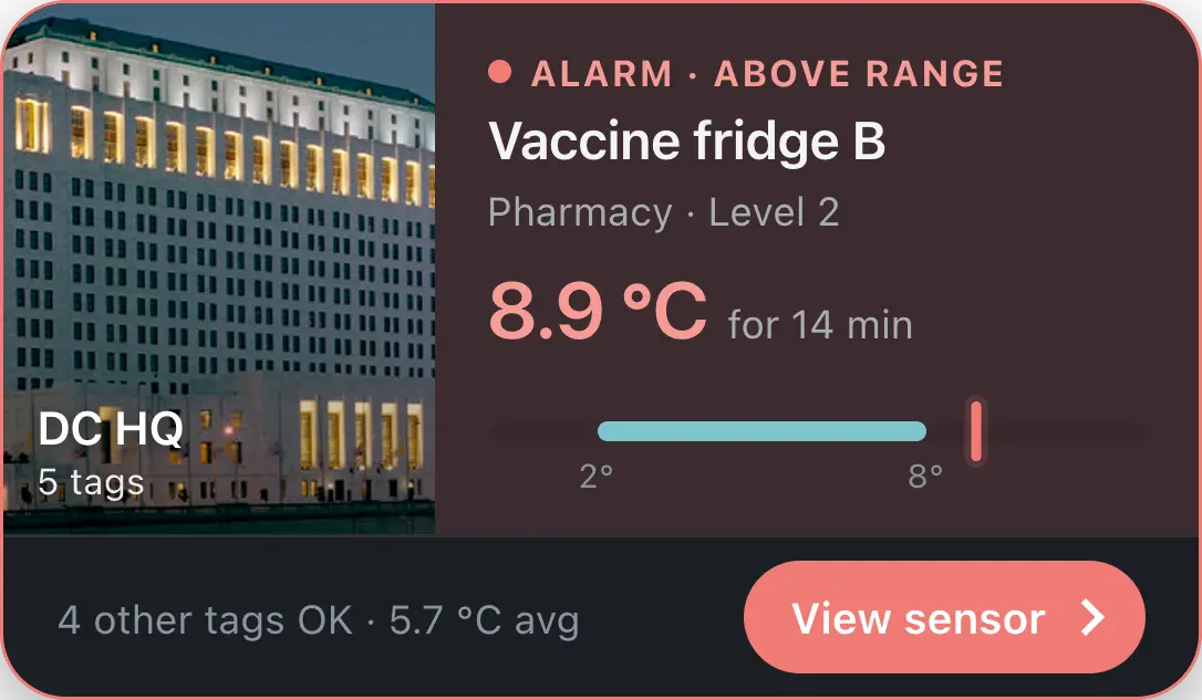 Dark mode alarm card for DC HQ, Vaccine fridge B at 8.9 °C