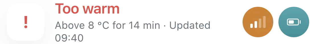 Status line reading Too warm, above 8 °C for 14 min
