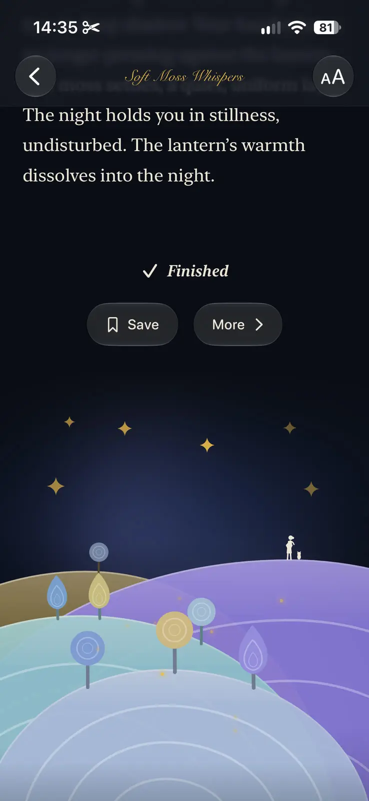 The end of a story called Soft Moss Whispers, in the dark theme. The last lines of the story at the top, then a tick and the word Finished, and two buttons, Save and More. Below, a navy sky with gold four-point stars over round hills in teal, violet and gold, with contour lines and small round trees. A figure and a cat stand on the far hill.