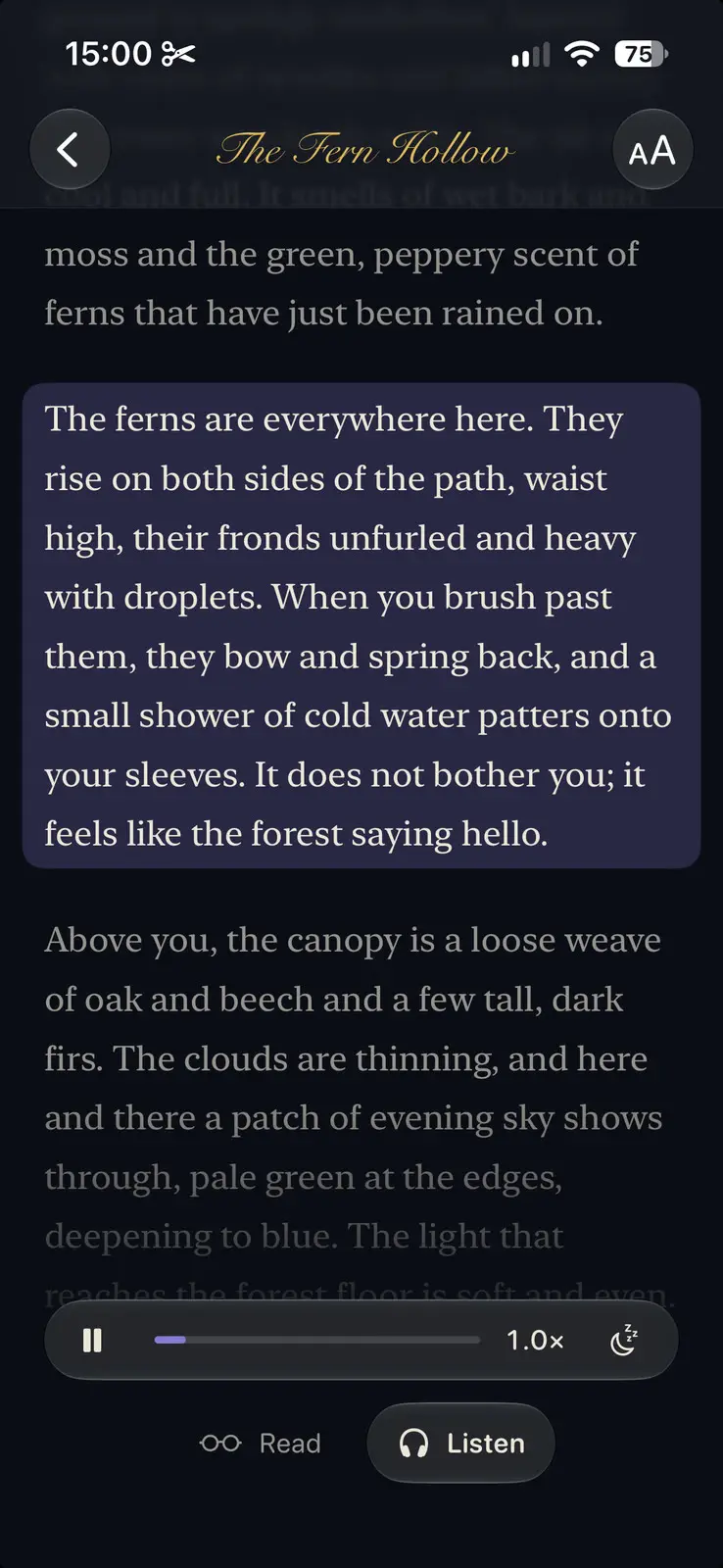 A story called The Fern Hollow being listened to, in the dark theme. The title sits in gold script at the top between a back button and a text size button. The paragraph being read is lit on a violet panel, about ferns on both sides of the path that bow and spring back. The text above and below it is dimmed. At the foot a player with a pause button, a progress line, a speed of 1.0x and a sleep timer, then two choices, Read and Listen, with Listen chosen.