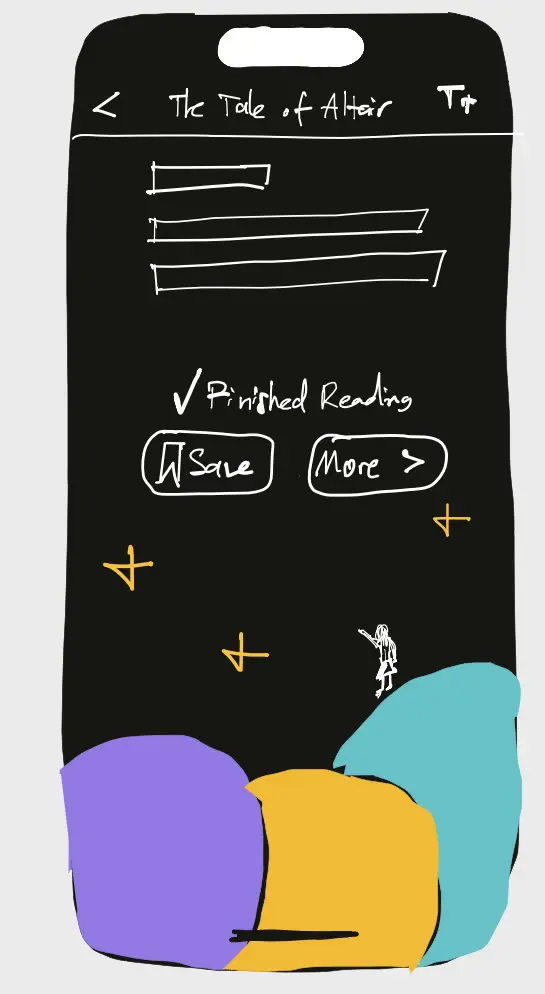 A hand drawn phone screen in black. A header reading The Tale of Altair, three lines of text, then a tick and the words Finished Reading, with two buttons, Save and More. Below, yellow four-point stars, and a small figure standing on three hills coloured in purple, yellow and teal.