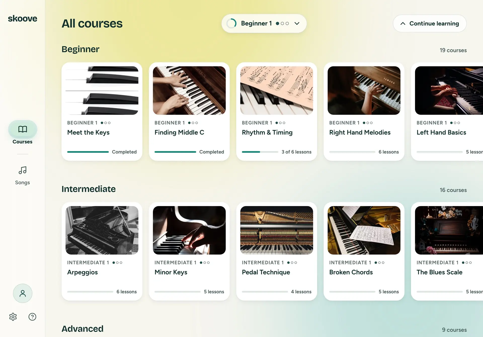 All courses, with a Continue learning button at the top right. A row for Beginner, 19 courses, where Meet the Keys and Finding Middle C show full bars marked Completed and Rhythm & Timing shows 3 of 6 lessons. Below it Intermediate, 16 courses, and the head of Advanced, 9 courses.