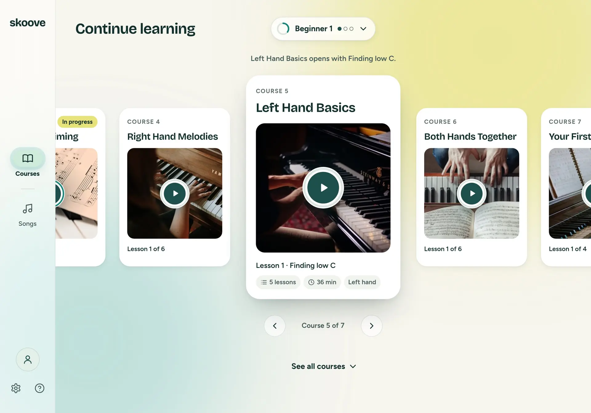 Continue learning with Course 5, Left Hand Basics, in focus and not started: no badge, a play button with an empty ring, Lesson 1, Finding low C. The line above the row reads Left Hand Basics opens with Finding low C. Course 5 of 7.