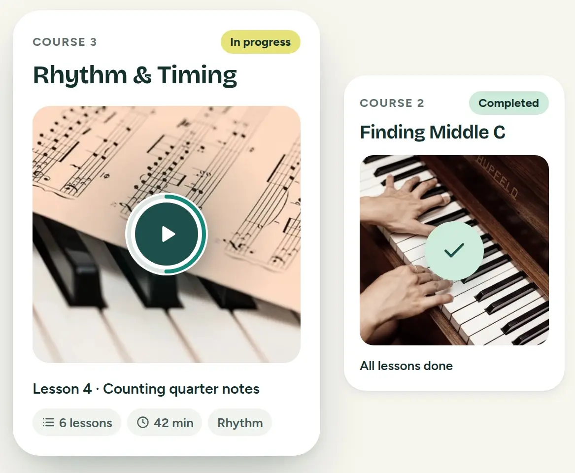 Two course cards. Course 3, Rhythm & Timing, In progress, large, with a teal ring on its play button, Lesson 4, Counting quarter notes, and chips for 6 lessons, 42 min and Rhythm. Course 2, Finding Middle C, Completed, smaller, with a check disc and All lessons done.