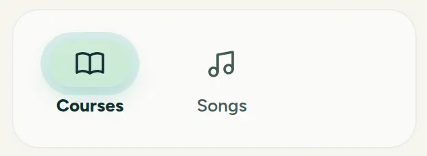 The rail's two destinations: Courses, selected, its book icon in a soft green pill, and Songs, with a note icon.