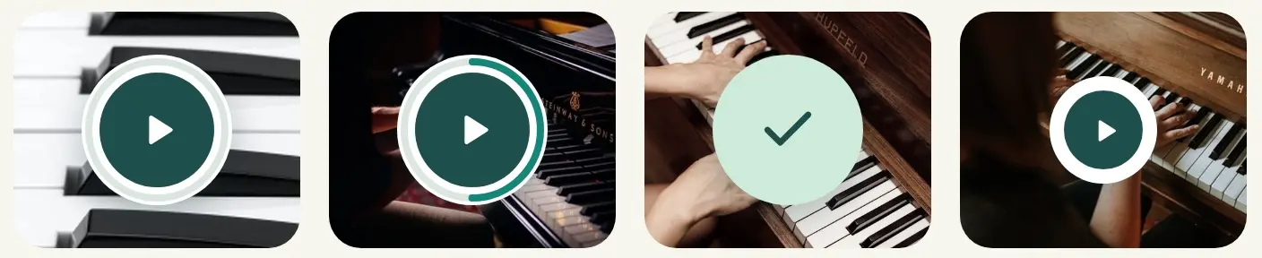 Four play controls over course photos: an empty ring, a part-filled teal ring, a green check disc, and a small plain play button.