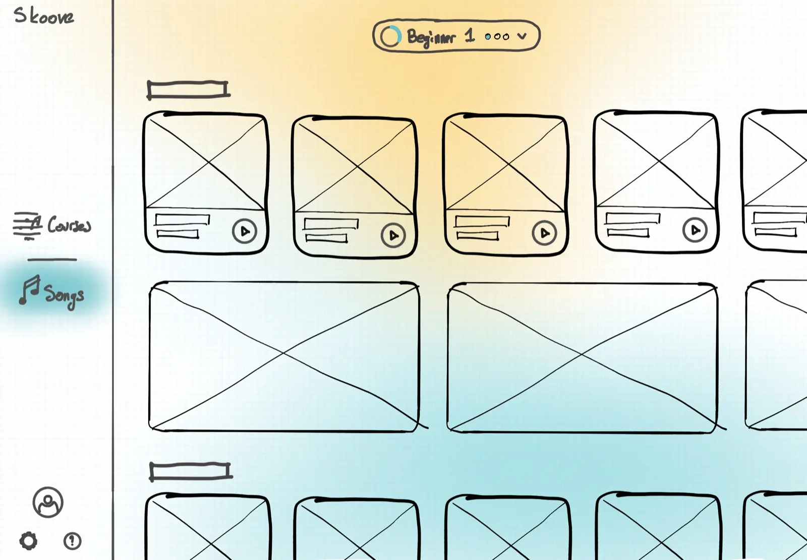 A pen sketch of the Songs page, Songs highlighted in the rail. A row of square song cards, each a crossed-out cover with two lines and a play button, a row of wide crossed-out cards under it, then another row of song cards.