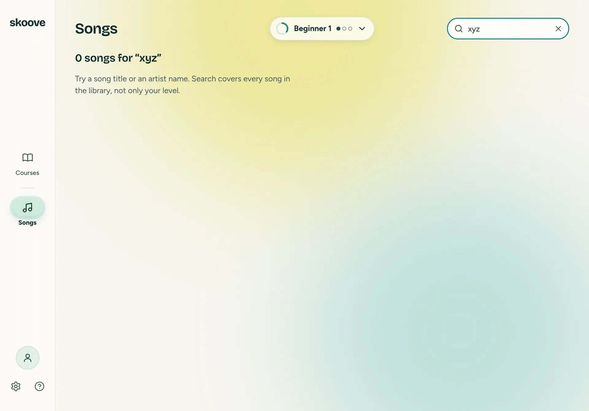 Songs with xyz typed in the search field. The heading reads 0 songs for “xyz”, and under it: Try a song title or an artist name. Search covers every song in the library, not only your level.