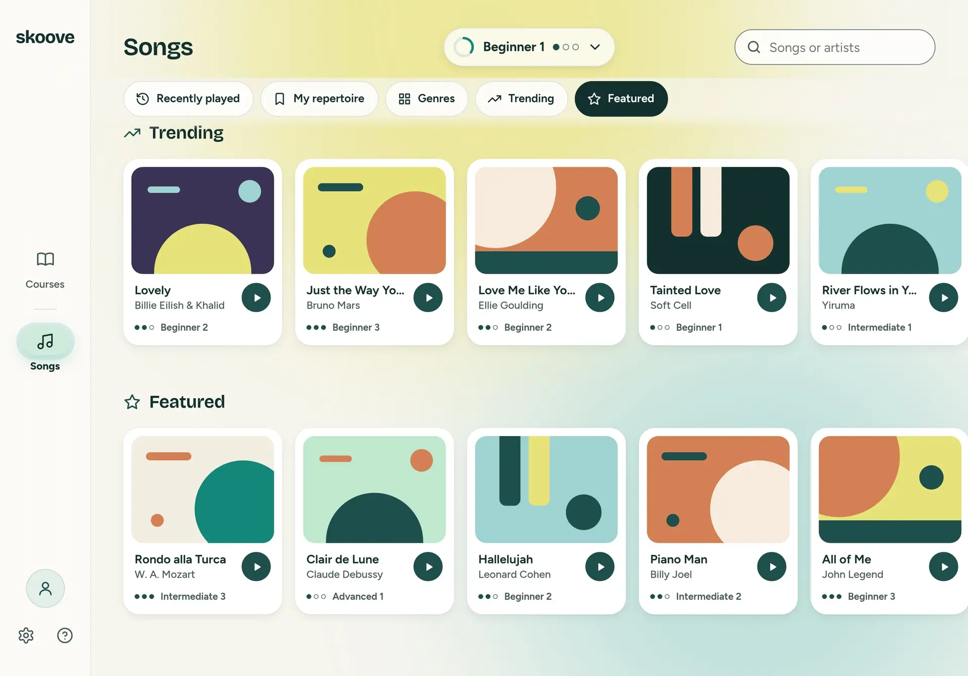Songs, with the Featured chip selected. Trending above and Featured below, five song cards each, every card with its level: Rondo alla Turca by W. A. Mozart, Intermediate 3, Clair de Lune by Claude Debussy, Advanced 1, and Hallelujah by Leonard Cohen, Beginner 2, among them.