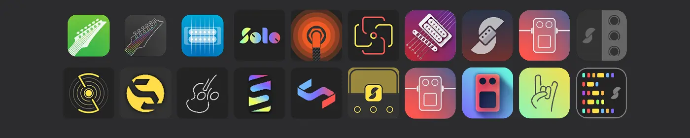 Twenty application icon explorations in two rows of ten, on a dark ground. They run from a green fretboard and a blue humbucker pickup to a wordmark reading Solo, a concentric orange target, a yellow record groove, a hand making a rock sign, and several treatments of an S drawn as a bracket around a circle.