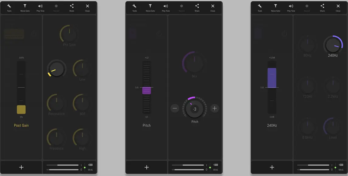 Three phone screens of the studio, each mid-gesture. In every one the left column of the chain has dimmed almost to black and a bright vertical meter has appeared in it, printing the parameter being changed and its range: Post Gain from 100 percent to 0, Pitch from plus twelve to minus twelve, and an EQ band at 240 hertz from plus twelve to minus twelve decibels. The knobs and sliders on the right are lit in yellow, purple and violet.