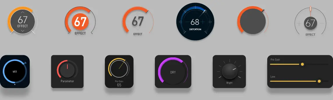 Twelve knob studies on a grey ground. The top row is six round dials: orange and red arcs around a value of 67 marked Effect, a dark blue gauge reading 68 for Distortion, a plain disc with an orange rim, and a thin outlined dial. The bottom row is six square tiles: a blue ring marked Mix, a red-arced knob marked Parameter, a yellow-arced Pre Gain at 65, a purple ring marked Dry, a black knob among tick marks marked Bright, and two yellow sliders for Pre Gain and Low.