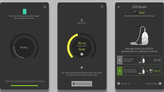 Three screens of the test on another setup. Testing, with a ring half drawn. A result of 36 ms average latency rated Good, in a yellow arc, with See My Options under it. Then USB Bundle, still rated Good, recommending a Behringer guitar-to-USB interface on its own or with a USB-C adapter cable, each with a price and a cart button.
