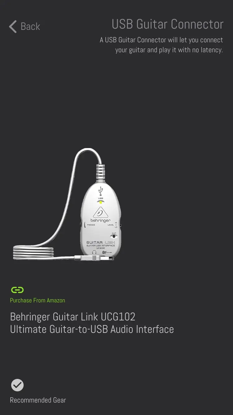 USB Guitar Connector: A USB Guitar Connector will let you connect your guitar and play it with no latency. A photograph of a white Behringer Guitar Link UCG102, Ultimate Guitar-to-USB Audio Interface, with Purchase From Amazon above its name and Recommended Gear at the foot.