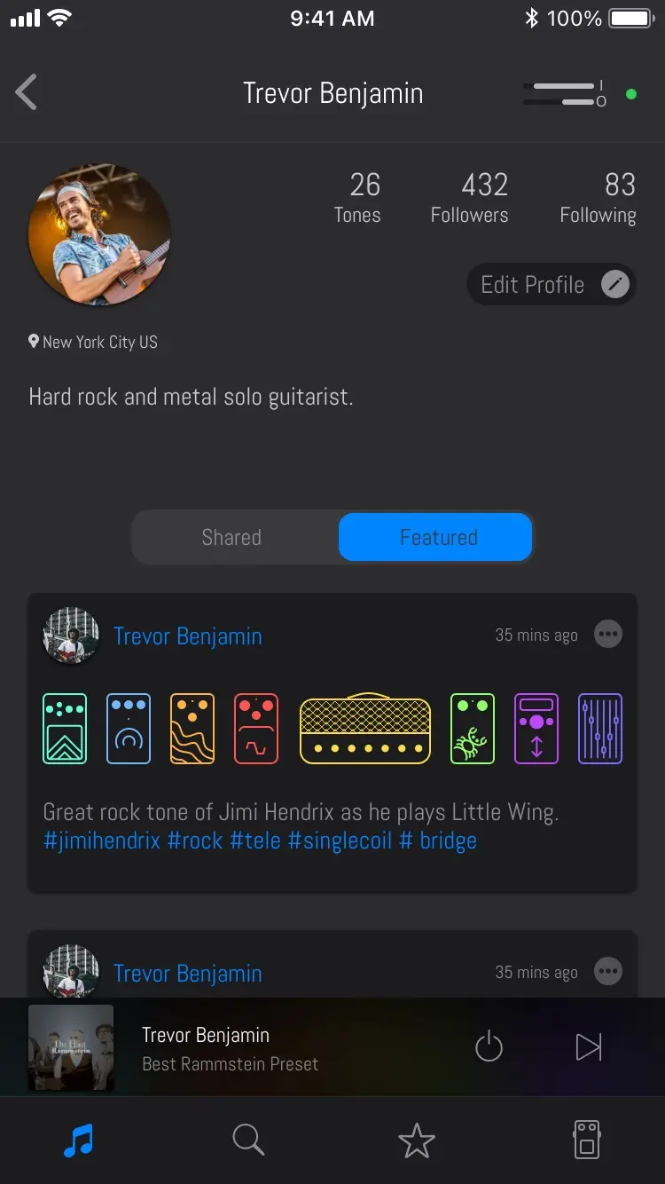 A player's profile in the first version: Trevor Benjamin of New York City, a hard rock and metal solo guitarist, with Shared and Featured tabs. His shared tone is a card showing its chain as eight drawn processors in their colours, with the amp in yellow in the middle, over the words Great rock tone of Jimi Hendrix as he plays Little Wing and its hashtags.