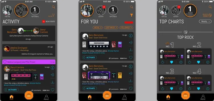 Three early home screens in black and orange, each with round tabs for For You, Activity and Top Charts. Activity lists what other players did: one started to follow another, one liked a preset, each tone a row of photoreal pedals and an amp with an Activate button. For You shows tones from followed players, filtered by Metal, Last Week and Followed. Top Charts ranks Top Rock from one to four, weekly.