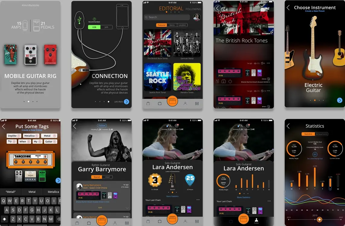 Ten screens of the proof of concept in two rows of five, in black and orange. Mobile Guitar Rig, over three photoreal pedals, with 15 amps and 21 pedals. Connection, a drawing of a guitar cabled to a phone, with USB and Jack. Editorial, four tiles of tones: The British Rock Tones, German Metal, Seattle Rock Tones and Hendrix Tones. The British Rock Tones opened, each tone a row of photoreal pedals and an amp. Choose Instrument, an electric guitar between two others. Put Some Tags, a keyboard under tags and an orange amp. Then three profiles: Garry Barrymore, a rhythm guitarist, and Lara Andersen, a solo guitarist, with a streak, a bass, a count of hours and a weekly target. Last, Statistics, bars for the days of a week and a timeline from 2018 to 2020.