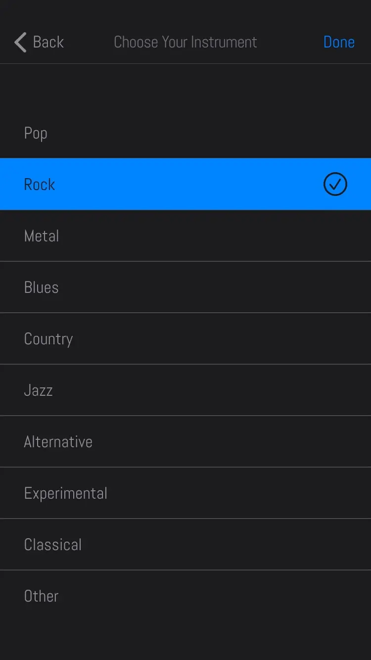 The same list with Rock chosen, its row filled blue with a tick.