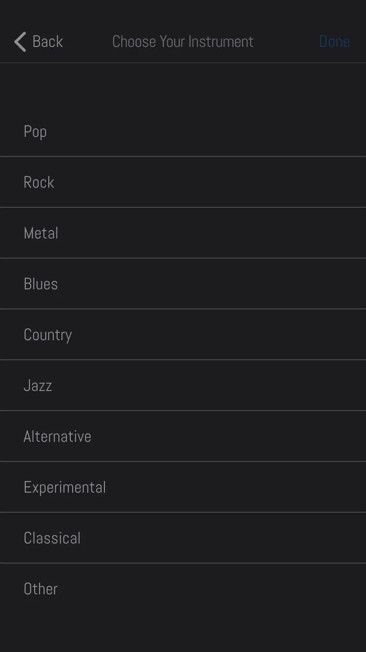 A list of genres, none chosen: Pop, Rock, Metal, Blues, Country, Jazz, Alternative, Experimental, Classical and Other.