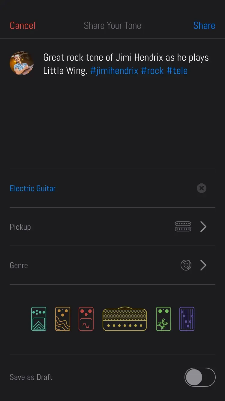 Back on Share Your Tone, the Instrument row now reads Electric Guitar in blue, and Pickup is no longer greyed.