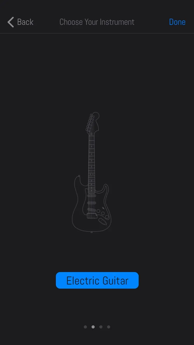 Choose Your Instrument: a line drawing of an electric guitar over an Electric Guitar button, one of four pages marked by dots, with Back and Done.