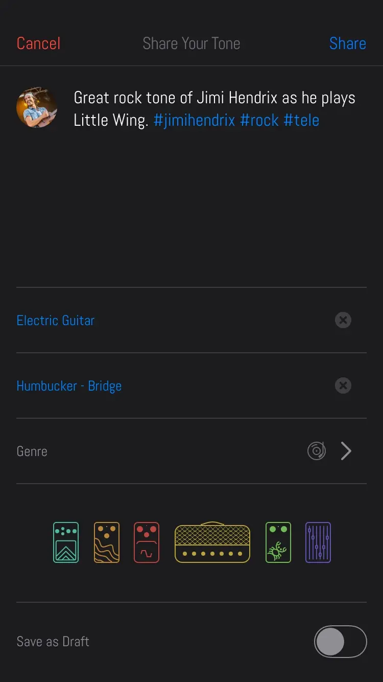 Share Your Tone with two rows filled in blue, Electric Guitar and Humbucker - Bridge. Genre is next.