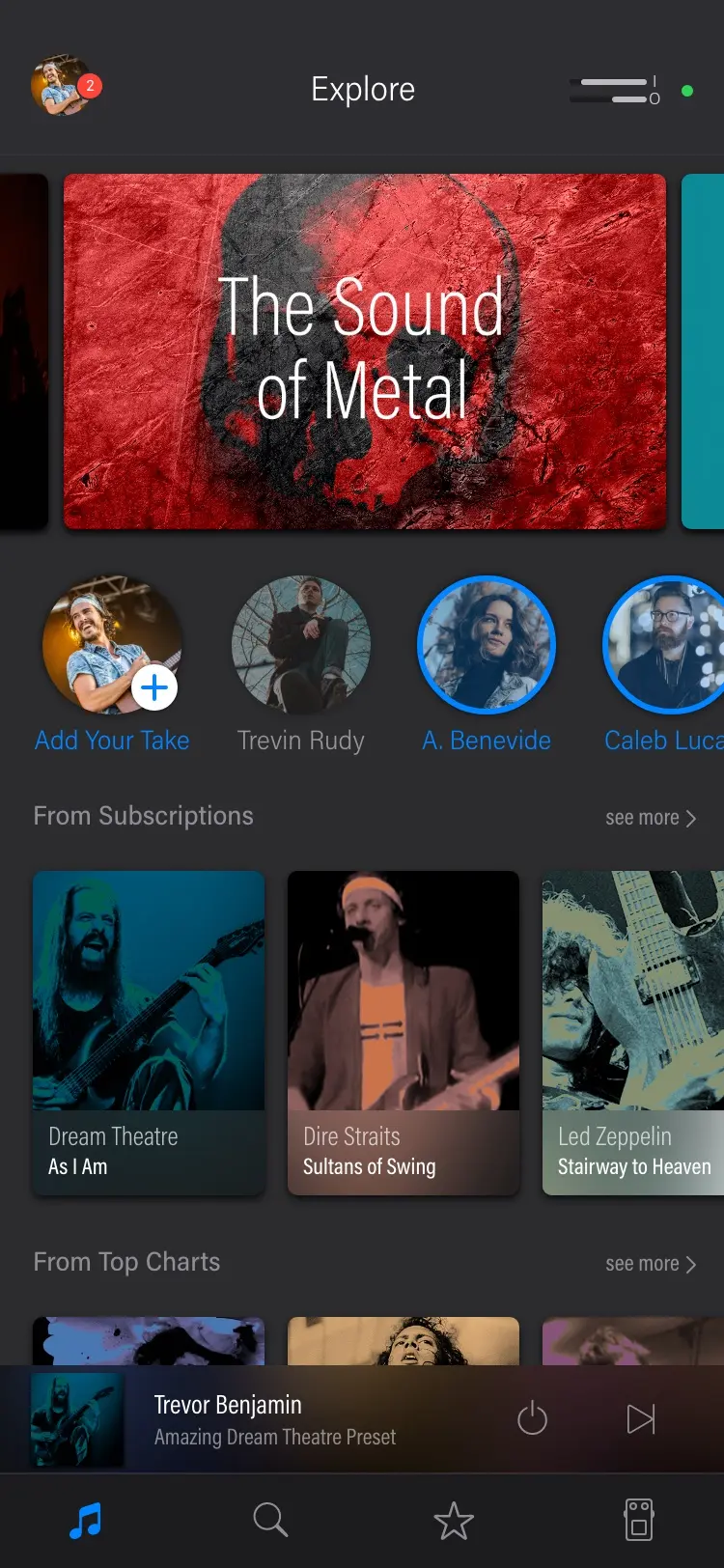 Explore, the home tab, on a dark ground. A wide banner reads The Sound of Metal in white over a red, scratched photograph. Under it a row of round avatars, the first marked Add Your Take, then Trevin Rudy, A. Benevide and Caleb Luca. From Subscriptions shows three tone cards over band photographs: Dream Theater, As I Am; Dire Straits, Sultans of Swing; Led Zeppelin, Stairway to Heaven. From Top Charts begins below. A mini player for Amazing Dream Theatre Preset by Trevor Benjamin sits above the tab bar.