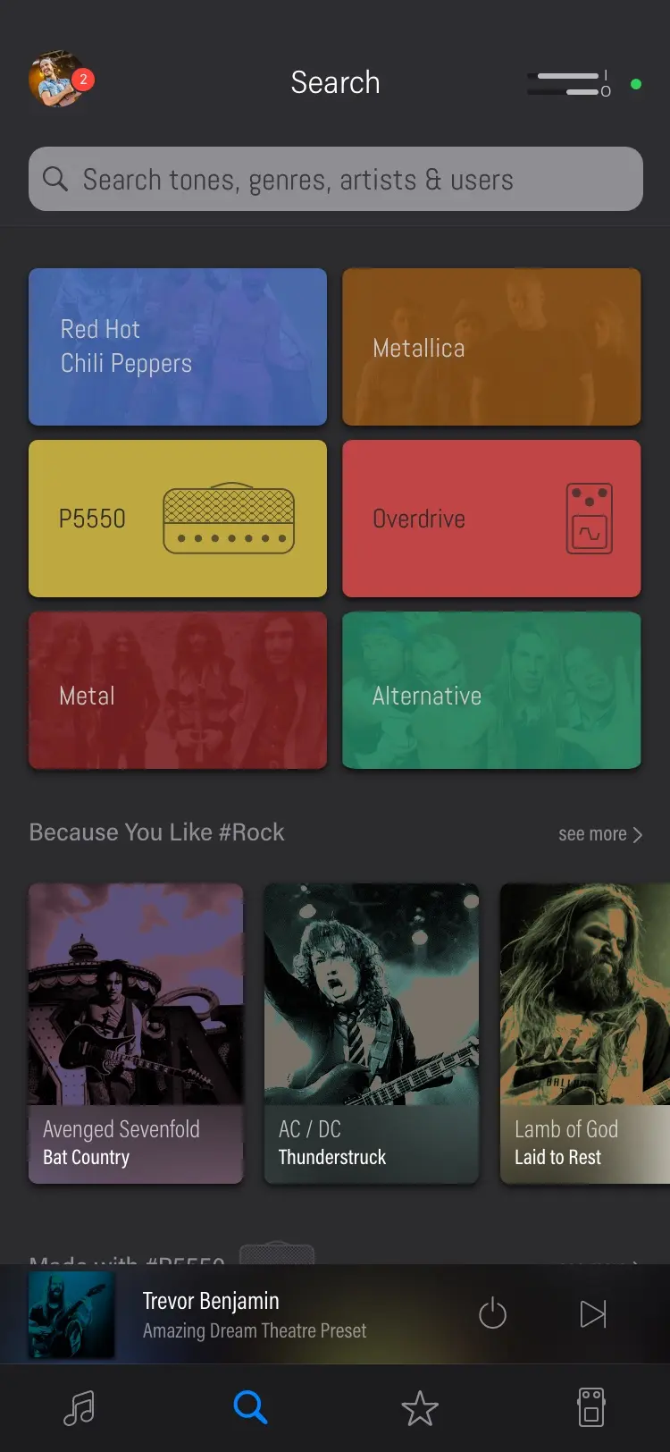 Search, with a field for tones, genres, artists and users. Six coloured tiles: Red Hot Chili Peppers in blue and Metallica in orange over band photographs, the P5550 amp drawn in yellow, the Overdrive pedal drawn in red, and the genres Metal and Alternative. Under Because You Like #Rock, three tones: Avenged Sevenfold, Bat Country; AC/DC, Thunderstruck; Lamb of God, Laid to Rest. The mini player is still playing above the tab bar.