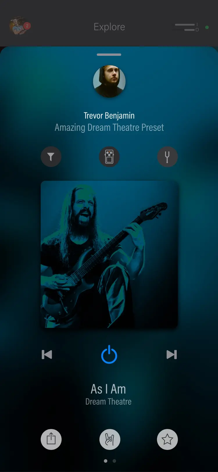 A tone open as a sheet over Explore: Amazing Dream Theatre Preset by Trevor Benjamin, his photograph above the title. Three round buttons sit over the cover, a filter, a pedal and a tuning fork. The cover is a teal photograph of a guitarist mid-song. Under it previous, a lit blue power button and next, then the song, As I Am by Dream Theatre, and along the foot share, a rock hand and a star.